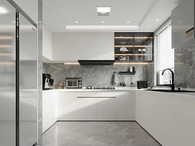 Modern Kitchen Interior Design With White Cabinets Gray Marble Walls And Stainless Steel Refrigerator 3d model
