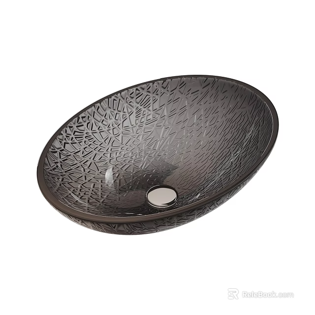Stylish Round Black Glass Countertop Wash Basin With Intricate Cracked Texture Design 3d model 