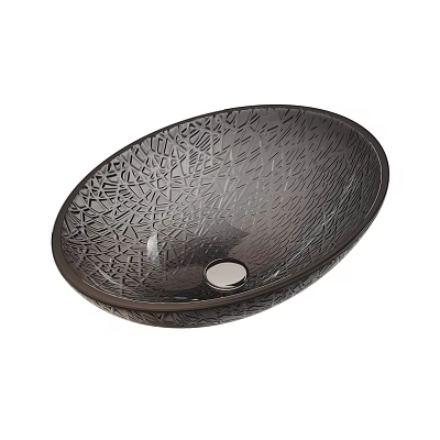 Stylish Round Black Glass Countertop Wash Basin With Intricate Cracked Texture Design 3d model