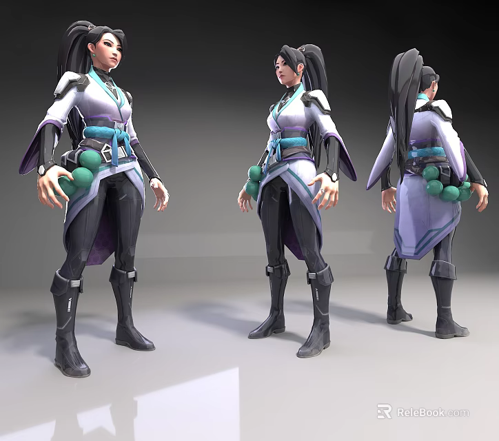 Stylish Game Character 3D Model Displaying Multiple Angles White Purple Outfit Blue Belt Green Ornaments 3d model 