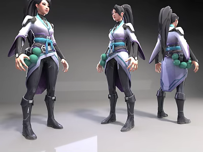 Stylish Game Character 3D Model Displaying Multiple Angles White Purple Outfit Blue Belt Green Ornaments 3d model