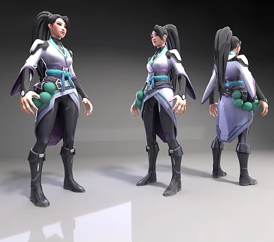 Stylish Game Character 3D Model Displaying Multiple Angles White Purple Outfit Blue Belt Green Ornaments 3d model