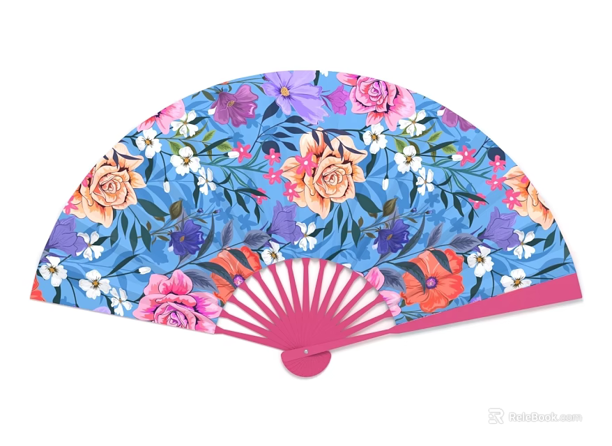 Blue Floral Hand Fan With Pink Frame And Colorful Flower Patterns 3d model 