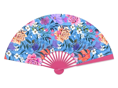 Blue Floral Hand Fan With Pink Frame And Colorful Flower Patterns 3d model