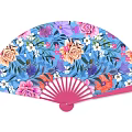 Blue Floral Hand Fan With Pink Frame And Colorful Flower Patterns