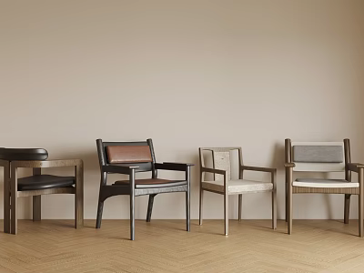 Stylish Dining Chairs With Various Designs Wooden Frames And Upholstered Seats On Herringbone Floor 3d model