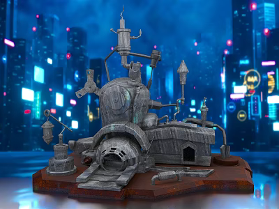 Cyberpunk Mechanical Structure With Futuristic City Neon Lights And Industrial Design 3d model