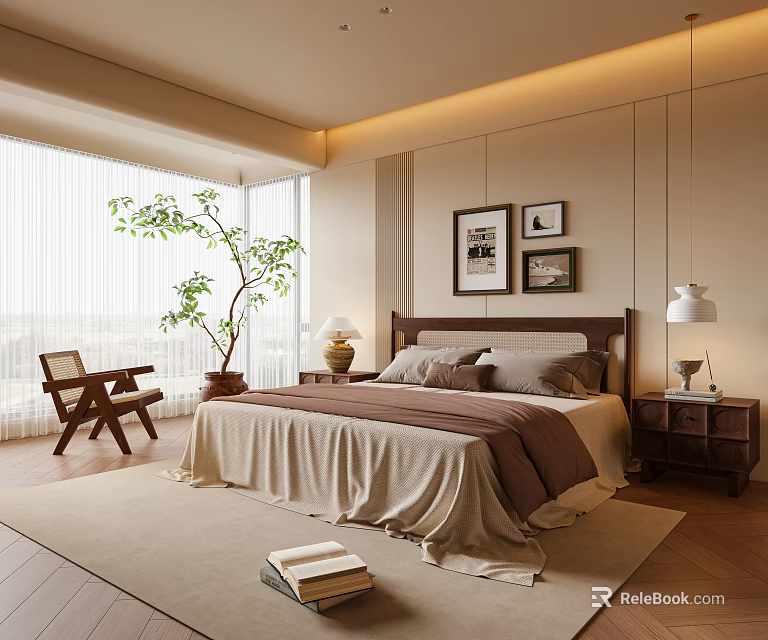Modern Bedroom Interior With Wooden Bed Large Window Curtains Framed Art And Potted Plant 3d model 
