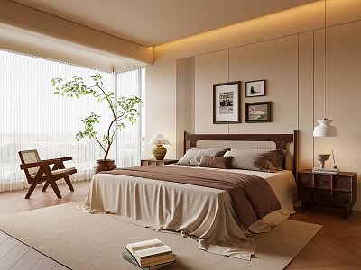 Modern Bedroom Interior With Wooden Bed Large Window Curtains Framed Art And Potted Plant 3d model