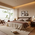 Modern Bedroom Interior With Wooden Bed Large Window Curtains Framed Art And Potted Plant