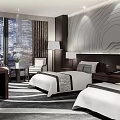 Modern Hotel Room Interior With Twin Beds Wavy Texture Headboard Table Lamps And Accent Chair
