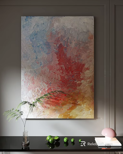 Oil Painting Textured Brushstrokes Blue Red Yellow Colors Hanging On Wall With Green Fern Plant 3d model 