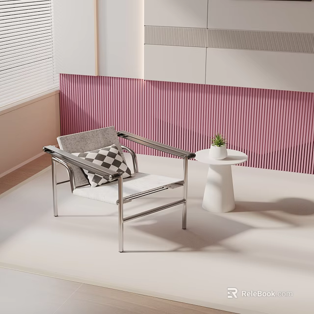 Modern Leisure Chair With Checkered Cushion Metal Frame And Small White Table With Green Plant 3d model 
