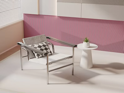 Modern Leisure Chair With Checkered Cushion Metal Frame And Small White Table With Green Plant 3d model