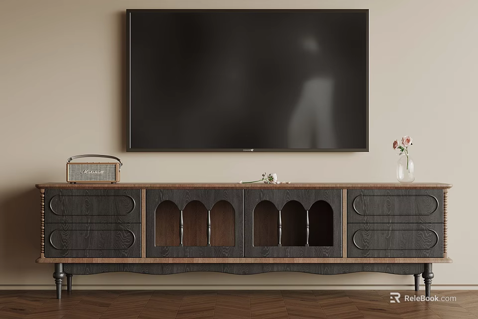 Classic Dark Wood TV Stand With Arched Storage Holding Large TV Radio And Vase Decor 3d model 