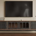 Classic Dark Wood TV Stand With Arched Storage Holding Large TV Radio And Vase Decor