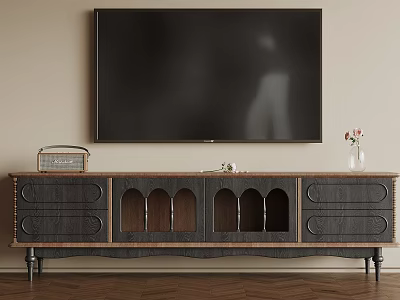 Classic Dark Wood TV Stand With Arched Storage Holding Large TV Radio And Vase Decor 3d model