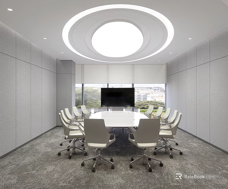 Modern Conference Room With White Meeting Table Wheeled Chairs And Large Screen TV 3d model 
