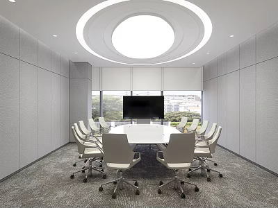 Modern Conference Room With White Meeting Table Wheeled Chairs And Large Screen TV 3d model