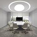 Modern Conference Room With White Meeting Table Wheeled Chairs And Large Screen TV