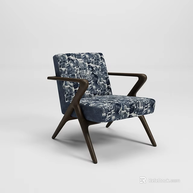 Modern Accent Chair with Blue and White Printed Upholstery Dark Wooden Armrests and Tapered Legs 3d model 