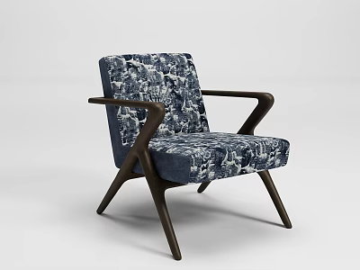 Modern Accent Chair with Blue and White Printed Upholstery Dark Wooden Armrests and Tapered Legs 3d model