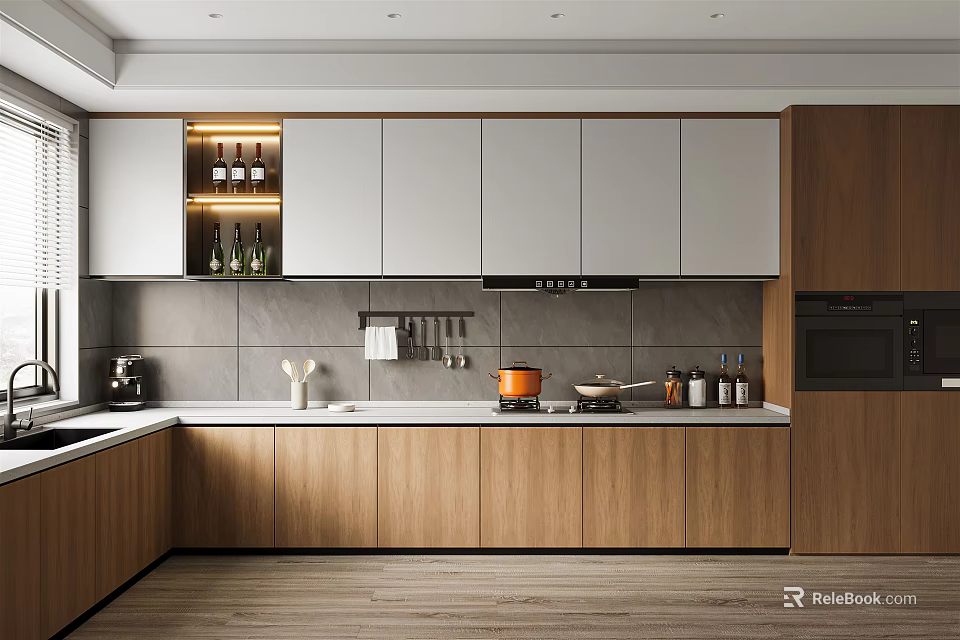 Modern Minimalist Kitchen Interior With Wooden Cabinets White Upper Cabinets Gray Countertop And Kitchen Utensils 3d model 