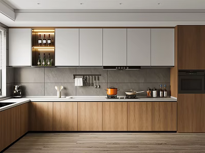Modern Minimalist Kitchen Interior With Wooden Cabinets White Upper Cabinets Gray Countertop And Kitchen Utensils 3d model