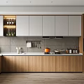 Modern Minimalist Kitchen Interior With Wooden Cabinets White Upper Cabinets Gray Countertop And Kitchen Utensils