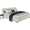 Tufted Beige Upholstered Double Bed with White Sheets Black Blanket and Round Nightstand