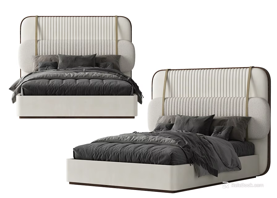 Modern Upholstered Double Bed With Striped Headboard And Cozy Dark Bedding 3d model 