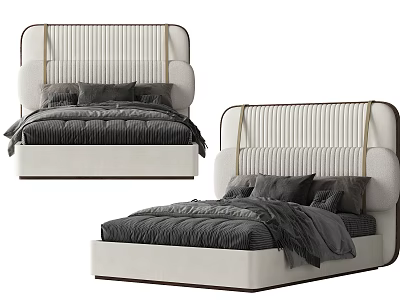 Modern Upholstered Double Bed With Striped Headboard And Cozy Dark Bedding 3d model