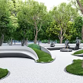 Beautiful Serene Park Landscape With Winding Pathway Seating Areas And Lush Trees Green Lawn