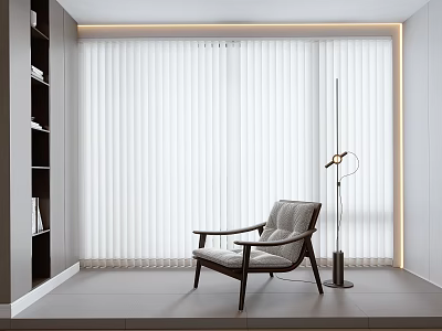 White Vertical Blinds Enhance Modern Living Room with Floor Lamp and Armchair 3d model