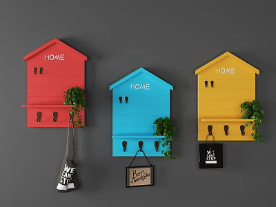 Colorful House Shaped Wall Mounted Hooks With HOME Lettering And Decorative Plants 3d model