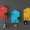 Colorful House Shaped Wall Mounted Hooks With HOME Lettering And Decorative Plants
