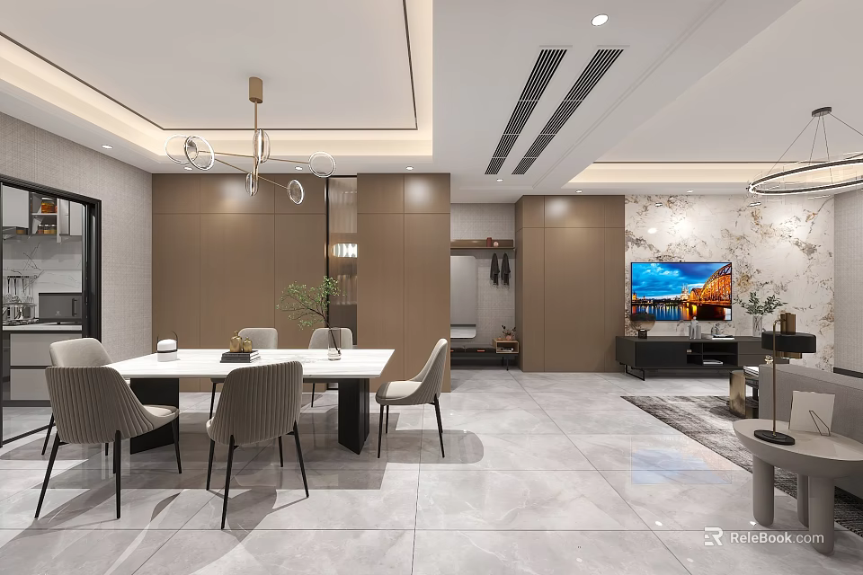 Modern Living and Dining Room Interior With Dining Table Chairs Chandelier TV Wall Marble Floor 3d model 