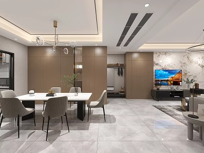 Modern Living and Dining Room Interior With Dining Table Chairs Chandelier TV Wall Marble Floor 3d model