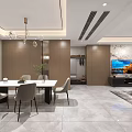 Modern Living and Dining Room Interior With Dining Table Chairs Chandelier TV Wall Marble Floor
