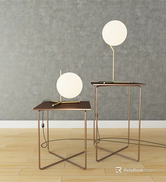 Modern Two Side Tables With Metal Frames Wooden Tops And Round Lamps 3d model 