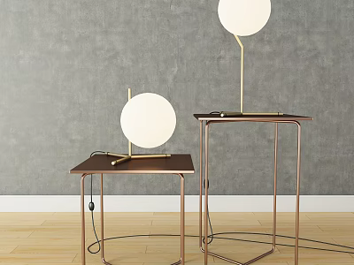 Modern Two Side Tables With Metal Frames Wooden Tops And Round Lamps 3d model