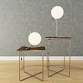 Modern Two Side Tables With Metal Frames Wooden Tops And Round Lamps