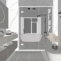 Modern Bathroom Interior Design Featuring Round Mirror Glass Shower White Bathtub Marble Walls And Gold Fixtures