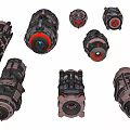 Industrial Equipment With Multiple Metal Mechanical Units Geared Design And Red Blue Accents