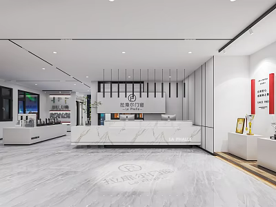 Modern Office Reception Area Interior With White Reception Desk Marble Floor Background Wall And Lighting 3d model