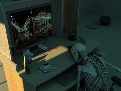 Desk with Skeleton Lying on Architectural Blueprint Displayed on Monitor Coffee Cup and Keyboard 3d model