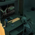 Desk with Skeleton Lying on Architectural Blueprint Displayed on Monitor Coffee Cup and Keyboard