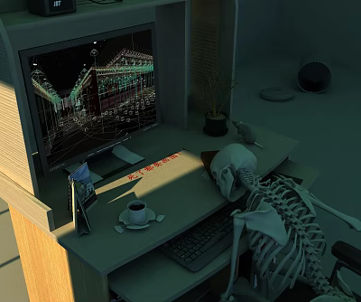 Desk with Skeleton Lying on Architectural Blueprint Displayed on Monitor Coffee Cup and Keyboard 3d model