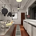 Commercial Restaurant Kitchen With Stainless Steel Equipment Long Aisle Layout Hanging Lights And Worktables