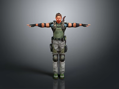 3D Tactical Male Character In Green Vest Gray Pants With Extended Arms And Gear 3d model